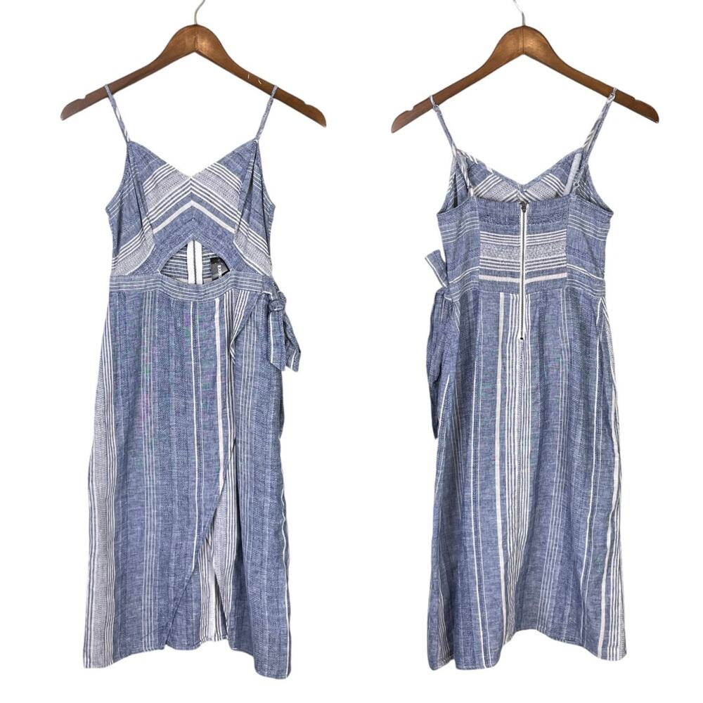 Express NWT Blue White Stripe Linen Blend Cut Out Strappy Wrap Midi Dress - Picture 4 of 12